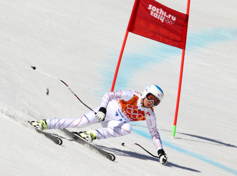 United States’ Julia Mancuso makes a turn in the women’s super-G at the Sochi 2014 Winter Olympics.