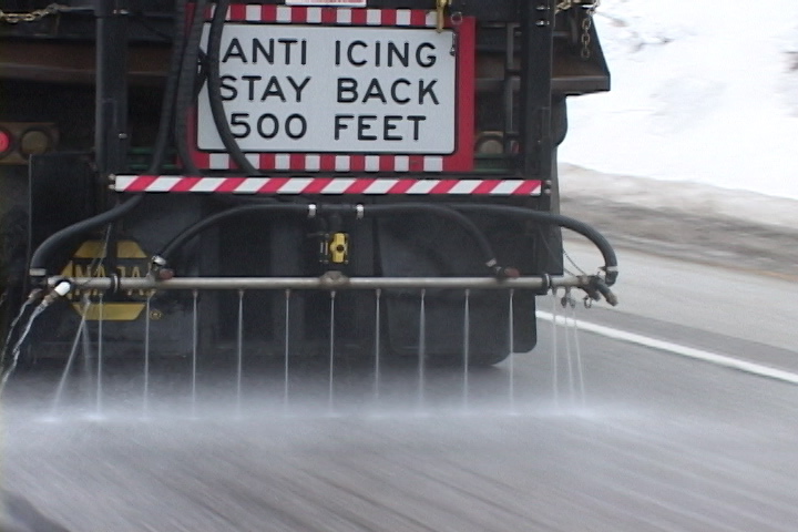 treating roads: A state Department of Transportation truck pre-wets a road by spraying salt brine, which is rock salt dissolved in water.