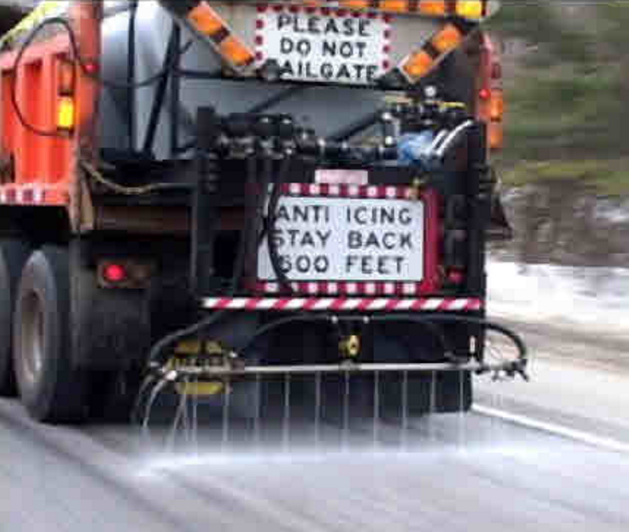 brine: A state Department of Transportation truck pre-wets a road by spraying salt brine, which is rock salt dissolved in water.