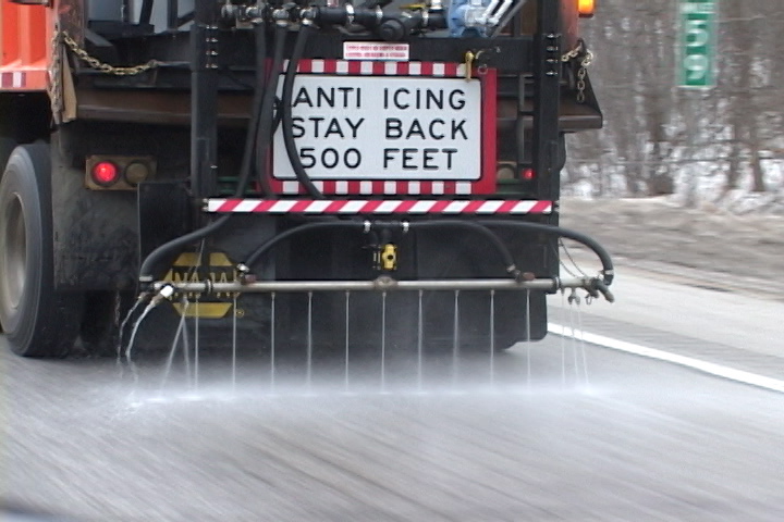 treating roads: A state Department of Transportation truck pre-wets a road by spraying salt brine, which is rock salt dissolved in water.