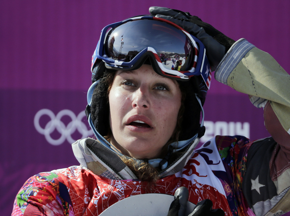 Lindsey Jacobellis of the United States reacts after winning the small final of the women’s snowboard cross.