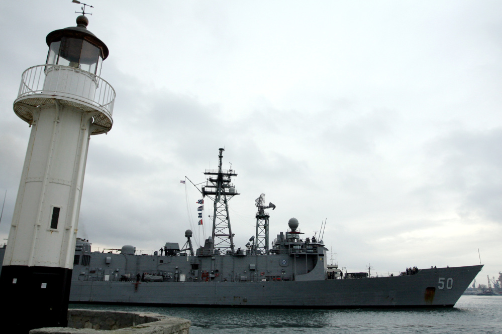 The U.S. Navy ship USS Taylor enters the Black Sea port of Varna, Bulgaria. The ship is being inspected for damage after it ran aground at a Turkish port last week.