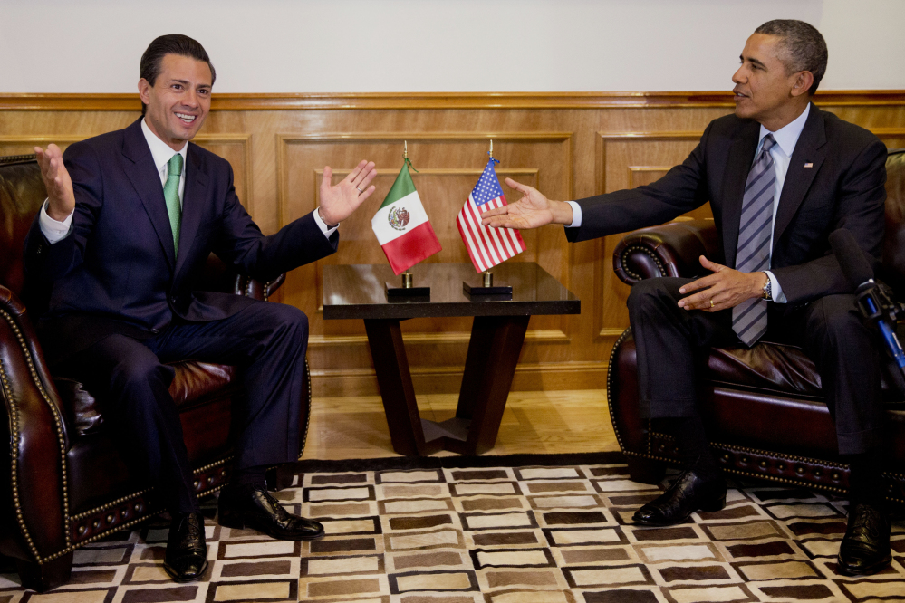 President Barack Obama meets with Mexican President Enrique Pena Nieto at the state government palace in Toluca, Mexico, on Wednesday before the seventh trilateral North American Leaders Summit Meeting.
