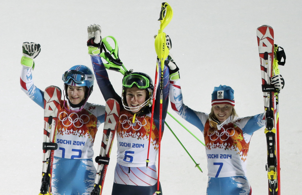 The Associated Press Women’s slalom medalists, from left, Austria’s Marlies Schild (silver), United States’ Mikaela Shiffrin (gold), and Kathrin Zettel (bronze) celebrate at the Sochi 2014 Winter Olympics.
