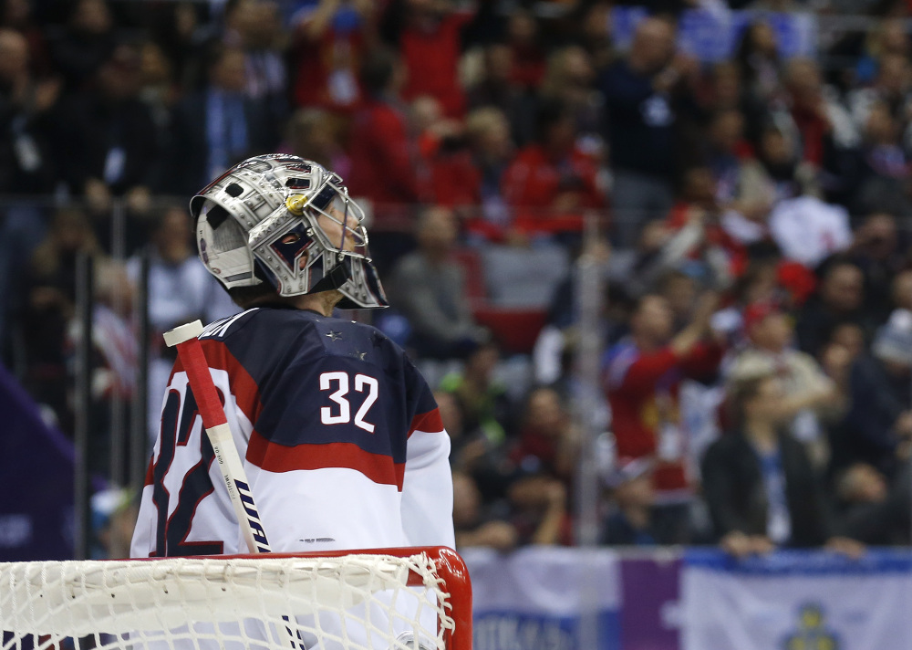 American goaltender Jonathan Quick reacts after Canada scored a goal during the second period of a men’s semifinal ice hockey game at the 2014 Winter Olympics on Friday in Sochi, Russia.
