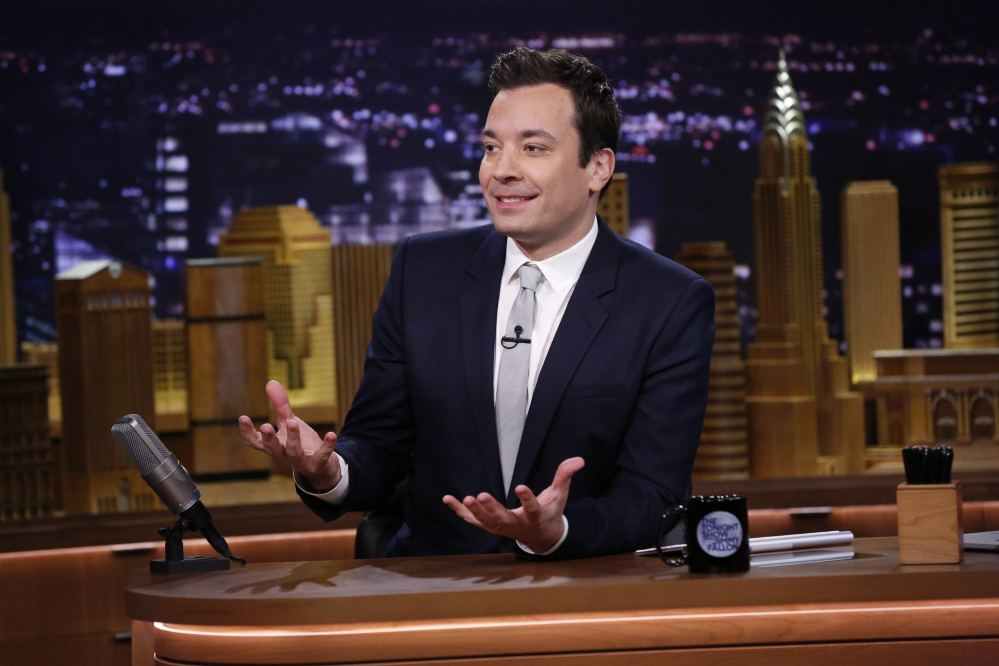 This photo released by NBC shows host Jimmy Fallon during “The Tonight Show Starring Jimmy Fallon,” in New York.