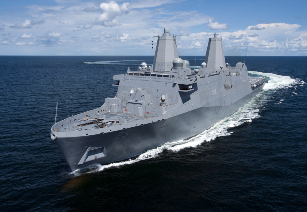The Ingalls-built amphibious transport dock ship Pre-Commissioning Unit Somerset transits the Gulf of Mexico during builder’s sea trials in August 2013.