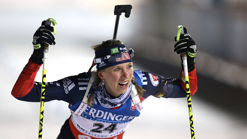 Annelies Cook of the United States reacts after the women's 7.5 km sprint competition at the Biathlon World Cup in Ruhpolding, southern Germany, on Friday, Jan. 11, 2013. (AP Photo/Matthias Schrader)