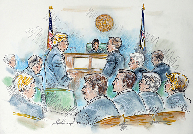 This courtroom sketch shows U.S. District Judge Arenda L. Wright Allen, top center, as she presides over a hearing on Virginia's ban on gay marriage in Norfolk, Va., Tuesday, Feb. 4, 2014. Attorneys for the plaintiffs, David Boies, third from left, and Ted Olson, standing left, presented the case as Virginia Solicitor General Stuart Raphael, standing right, presented for the state as Virginia Attorney General Mark Herring, second from right middle, listened. Plaintiffs Tony Shuttleworth, front fourth from right, Tim Bostic, third from right, Mary Towney, second from right and Carol Schall, right, also listen to the proceedings. (The Associated Press)