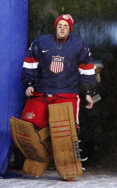 Jan 1, 2014; Ann Arbor, MI, USA; Detroit Red Wings goalie Jimmy Howard is introduced as a member of the U.S. Olympic hockey team after the 2014 Winter Classic hockey game against the Toronto Maple Leafs at Michigan Stadium. Mandatory Credit: Rick Osentoski-USA TODAY Sports - RTX16ZGX NPStrans TopPic