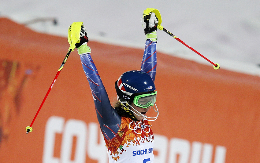 Gold medal winner Mikaela Shiffrin of the United States celebrates as she finishes the second run of the women's slalom at the Sochi 2014 Winter Olympics, Friday, Feb. 21, 2014, in Krasnaya Polyana, Russia.(AP Photo/Christophe Ena) 2014 Sochi Olympic Games;Winter Olympic games;Olympic games;Spor