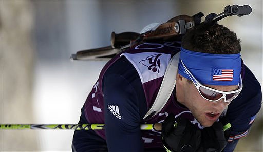 Tim Burke of the United States skis during a biathlon training session at the 2014 Winter Olympics on Thursday in Krasnaya Polyana, Russia. 2014 Sochi Olympic Games;Winter Olympic games;Olympic games;Spor