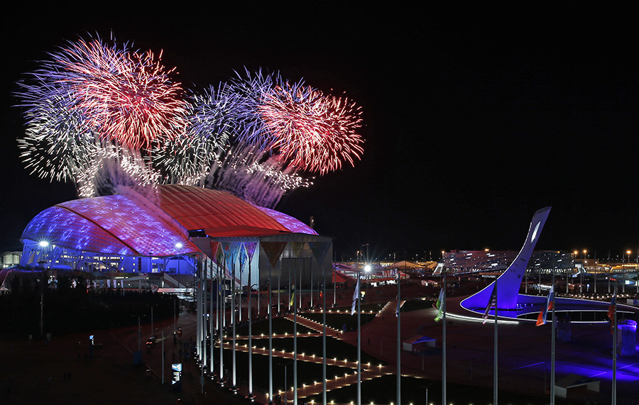 Fireworks are seen over Olympic Park during the opening ceremony of the 2014 Winter Olympics in Sochi, Russia, on Friday.