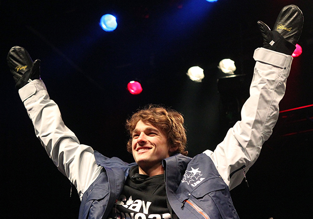 Nick Goepper celebrates after being announced to the U.S. Olympic freeskiing team following the U.S. Grand Prix Saturday, Jan. 18, 2014, in Park City, Utah.