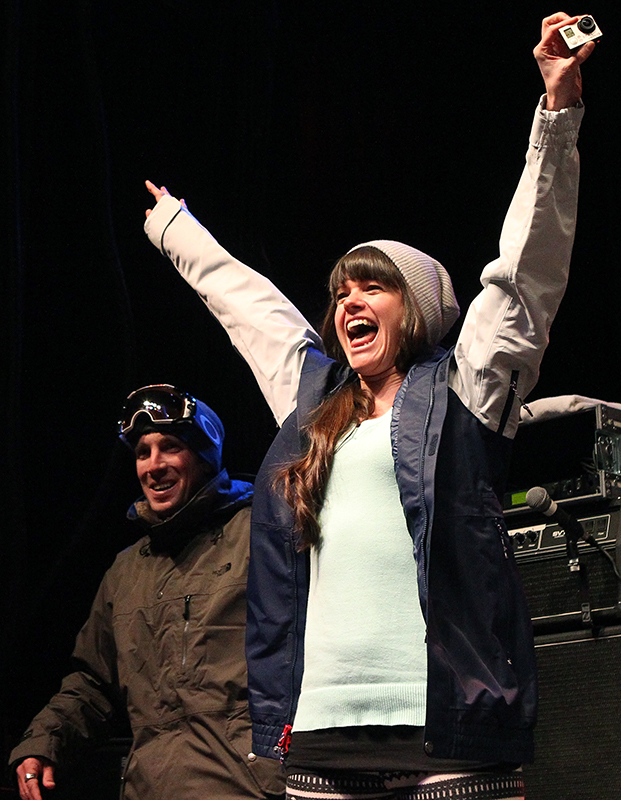 Keri Herman celebrates after being announced to the U.S. Olympic freeskiing team following the U.S. Grand Prix Saturday, Jan. 18, 2014, in Park City, Utah.