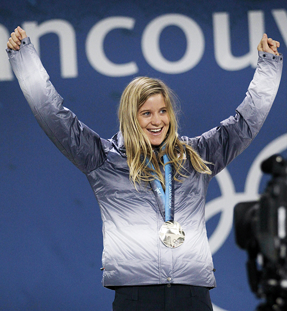 FILE - In this Feb. 19, 2010 file photo, Hannah Teter, of the United States, celebrates with her silver medal in the women's snowboard halfpipe at the Vancouver 2010 Olympics in Vancouver, British Columbia. Teter is among Vermont’s lineup of at least 11 athletes who will compete in the 2014 Winter Olympics in Sochi, Russia.