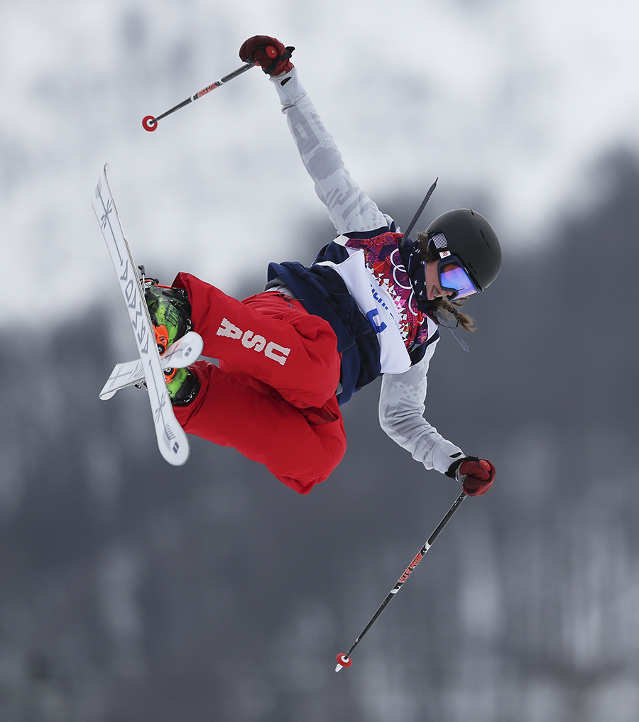 Devin Logan of the United States takes a jump during the women's freestyle skiing slopestyle final at the Rosa Khutor Extreme Park, at the 2014 Winter Olympics, Tuesday, Feb. 11, 2014, in Krasnaya Polyana, Russia. (AP Photo/Sergei Grits) 2014 Sochi Olympic Games;Winter Olympic games;Olympic games;Spor