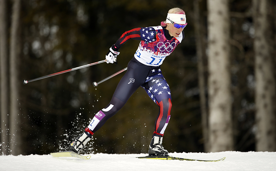 United States' Kikkan Randall competes during the women's qualifications of the cross-country sprint at the 2014 Winter Olympics, Tuesday, Feb. 11, 2014, in Krasnaya Polyana, Russia.
