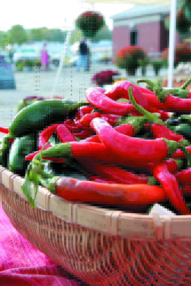 HOT DAY AT MARKET: Hot peppers from the One Drop Farm, in Cornville, await customers at the Skowhegan Farmers’ Market.
