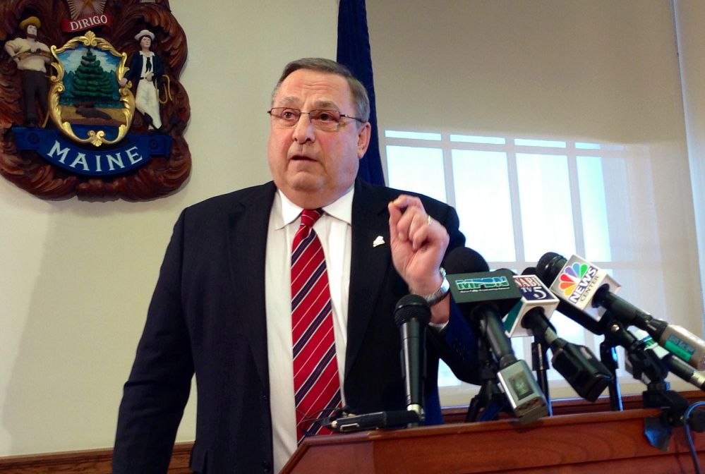 Gov. Paul LePage, appearing at a State House press conference on Tuesday, says he wants to replenish the state’s rainy day fund.