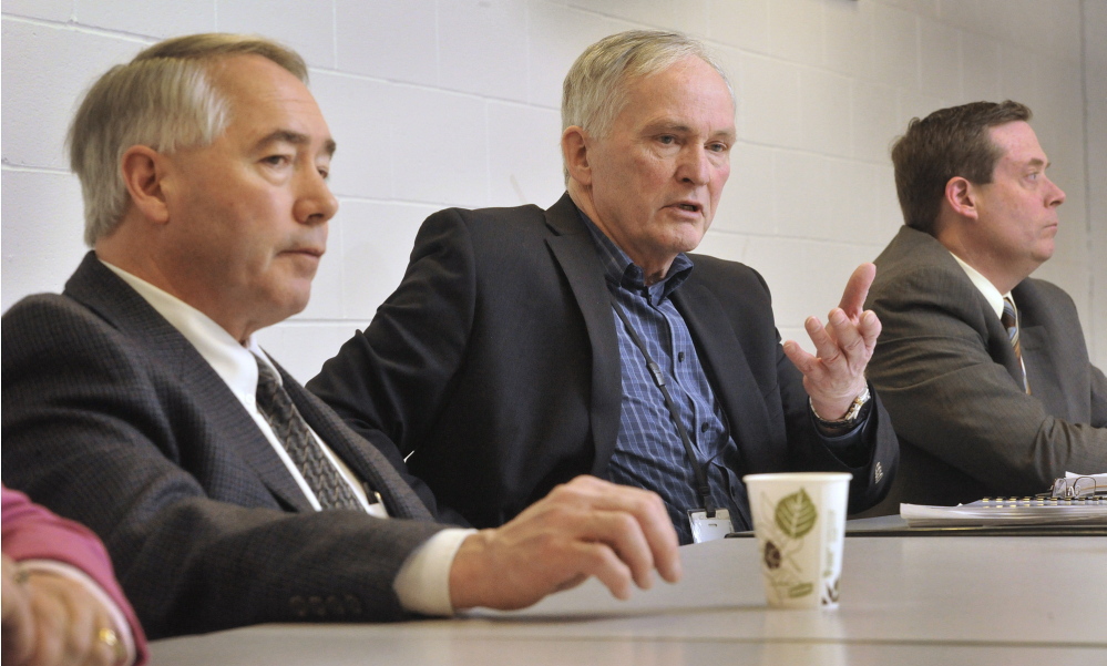 Corrections Commissioner Joseph Ponte, center, discusses prison security during a news conference at Long Creek Youth Development Center in South Portland on Friday. With him are Associate Commissioner Joseph Fitzpatrick, left, and Department of Corrections Director of Security Gary LaPlante.