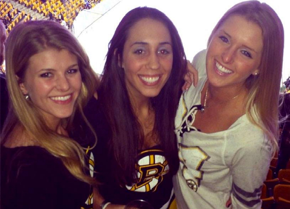 From left, Sabina Grasso, Caitlynn Brown and Anna McDonough pose at TD Garden Thursday before a game at which Grasso and McDonough were injured.