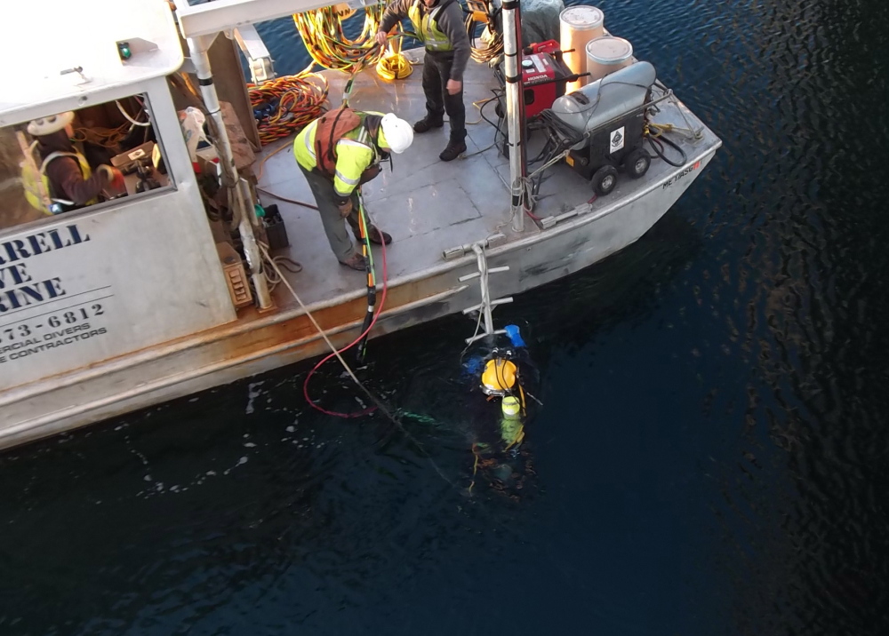 A diver located a protective fender panel on the bottom of the Piscataqua River on Saturday. The panel protecting a pier on the Memorial Bridge was sheared off when it was struck by the tanker ship Seapride on Friday.