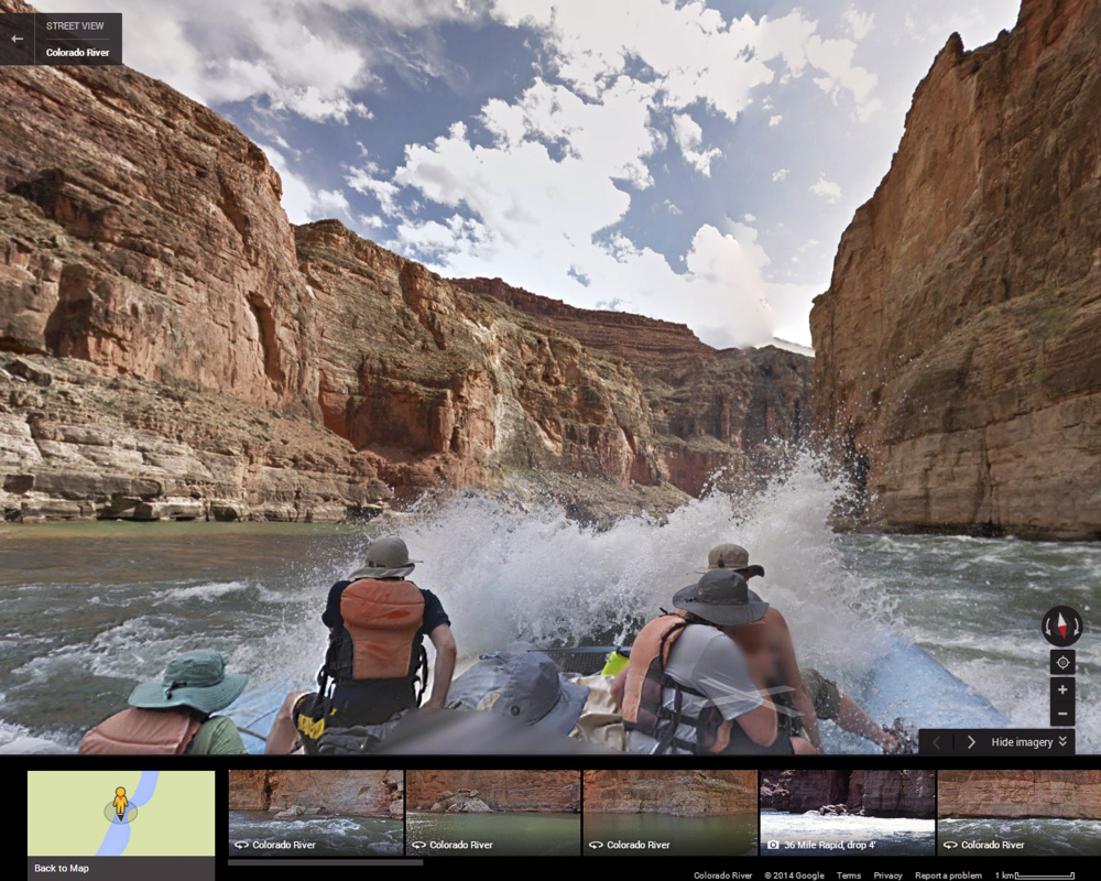 Google partnered with American Rivers on a project to showcase the whitewater rapids and towering red canyon walls of the Grand Canyon. This image is from Street View.