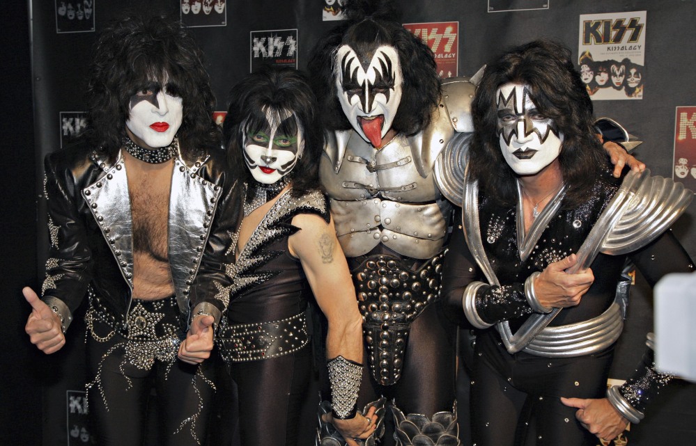 Members of Kiss, from left, Paul Stanley, Eric Singer, Gene Simmons and Tommy Thayer, pose for a photograph in 2008 during a news conference to promote the start of their KISS Alive/35 European Tour in Oberhausen, Germany.