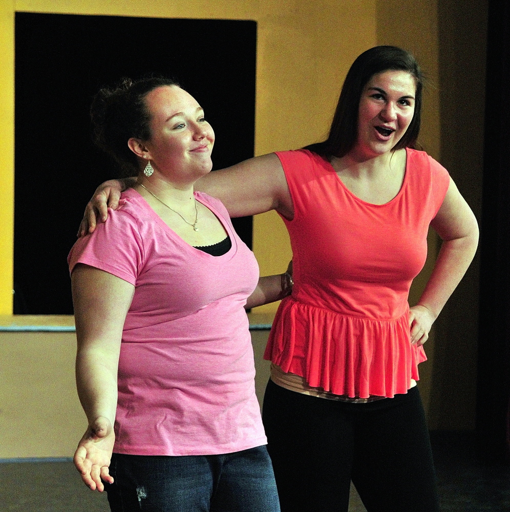 Comic relief: Katelyn Boyington, left, and Emalee Couture rehearse a scene from “Twelfth Night” on Friday for Lit Fest in the Little Theater at Gardiner Area High School in Gardiner.