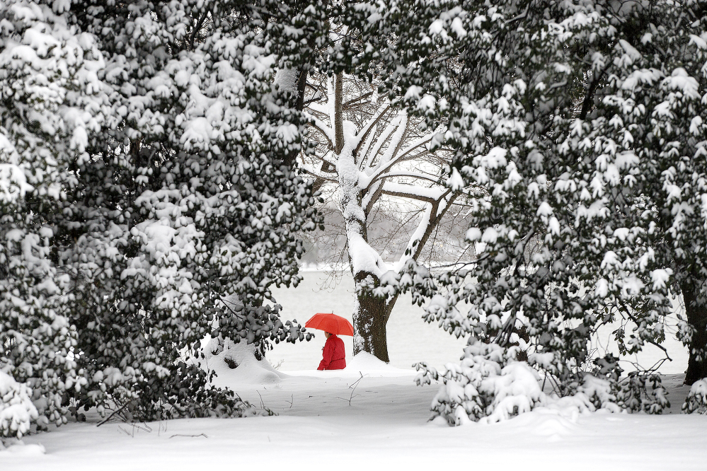 A pedestrian walks around the Tidal Basin in Washington, Monday, March 17, 2014, during a late season winter snowstorm that shut down schools and the federal government.