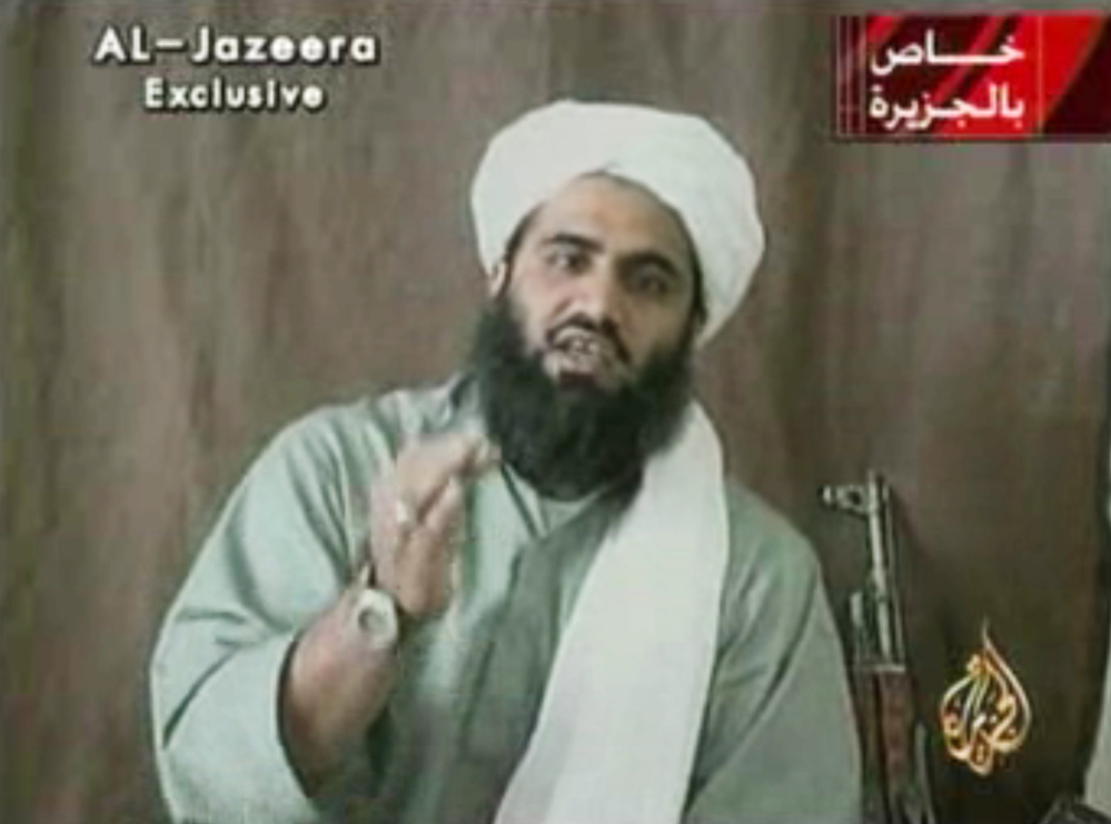 The Associated Press This image made from video provided by by Al-Jazeera shows Sulaiman Abu Ghaith, Osama bin Laden’s son-in-law and spokesman. Abu Ghaith took the witness stand on his own behalf Wednesday.