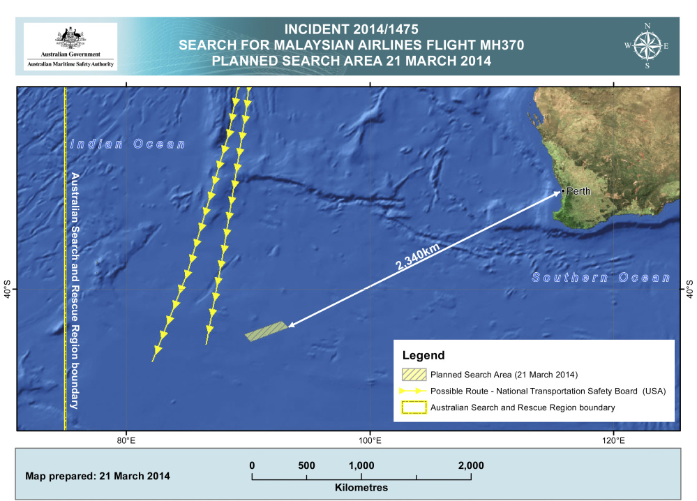 This map provided by Australian Maritime Safety Authority shows the area in the southern Indian Ocean where searchers for the missing Malaysia Airlines Flight MH370 were concentrating on Friday.