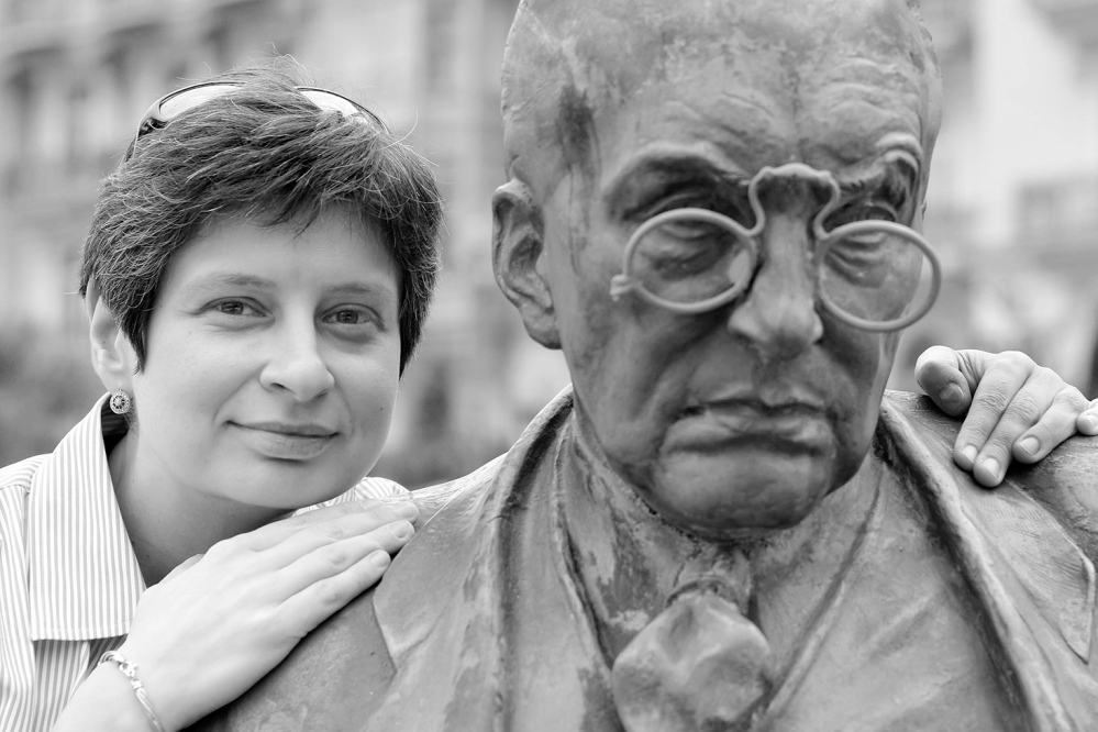 UNDERSTANDING PUTIN: Nina Khrushcheva with the statue of the Russian novelist Vladimir Nabokov in Montreux, Switzerland, where the writer lived. The great-granddaughter of former Russian Premier Nikita Khrushchev is no fan of Vladimir Putin, who she predicts won’t continue his march into and conquest of Ukraine because it would be too expensive.