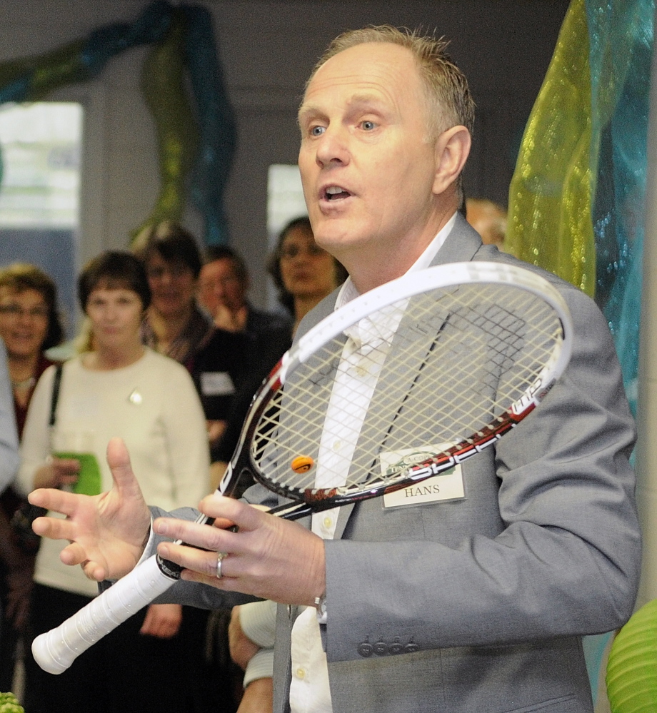 GRAND OPENING: Hans Romer, director of operations and tennis of the Kennebec Valley Tennis Association, speaks at the grand opening for the A-Copi Tennis and Sports Center on Saturday in Augusta.