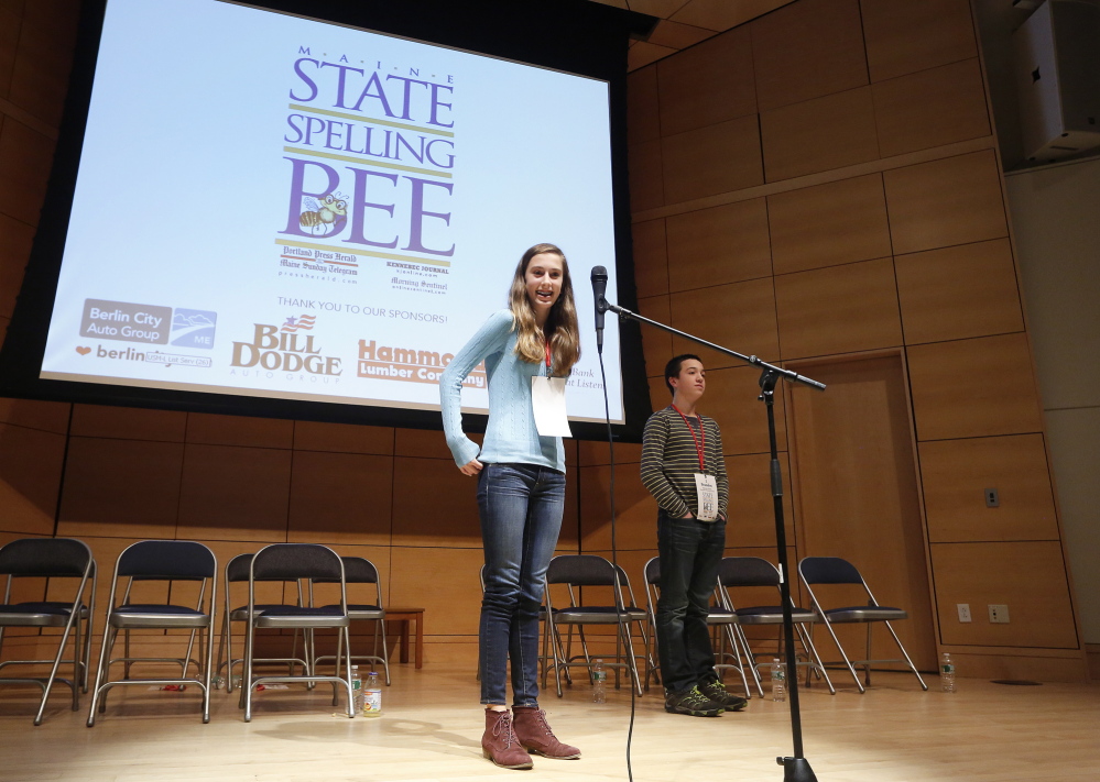 Lucy Tumavicus, 14, of Portland won the Maine State Spelling Bee on Saturday after an exceptionally long competition which lasted 94 rounds.