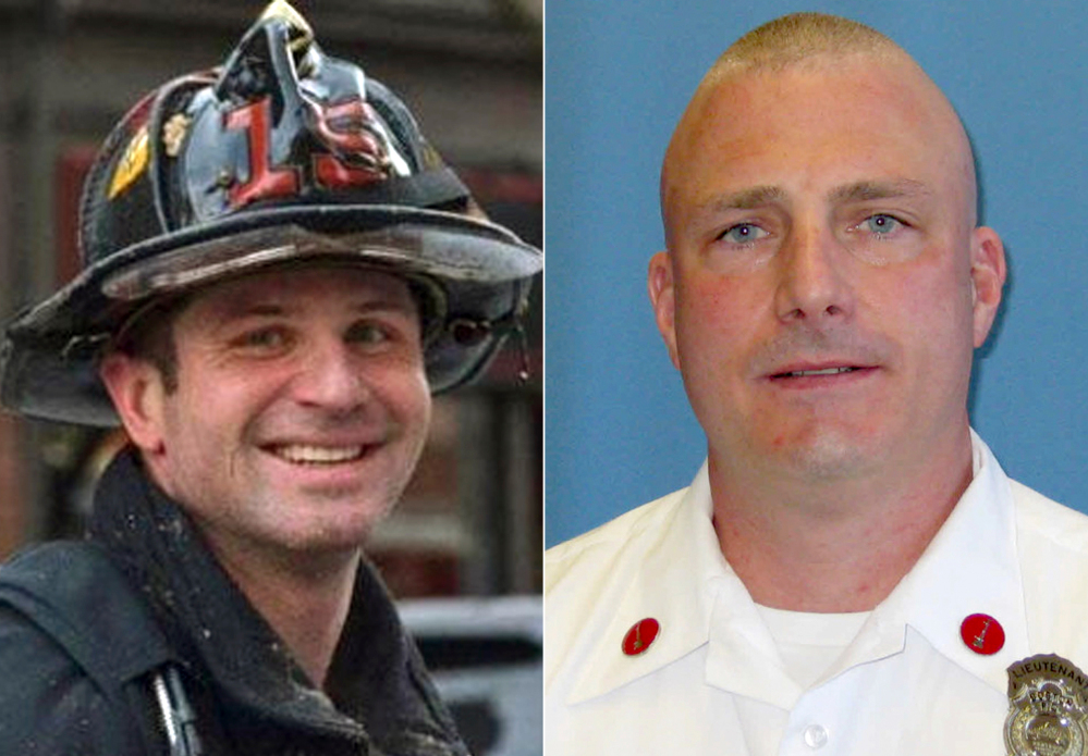 Firefighters Michael R. Kennedy, left, and Lt. Edward J. Walsh, were killed Wednesday when they were trapped the basement while fighting a fire in an apartment building in Boston.