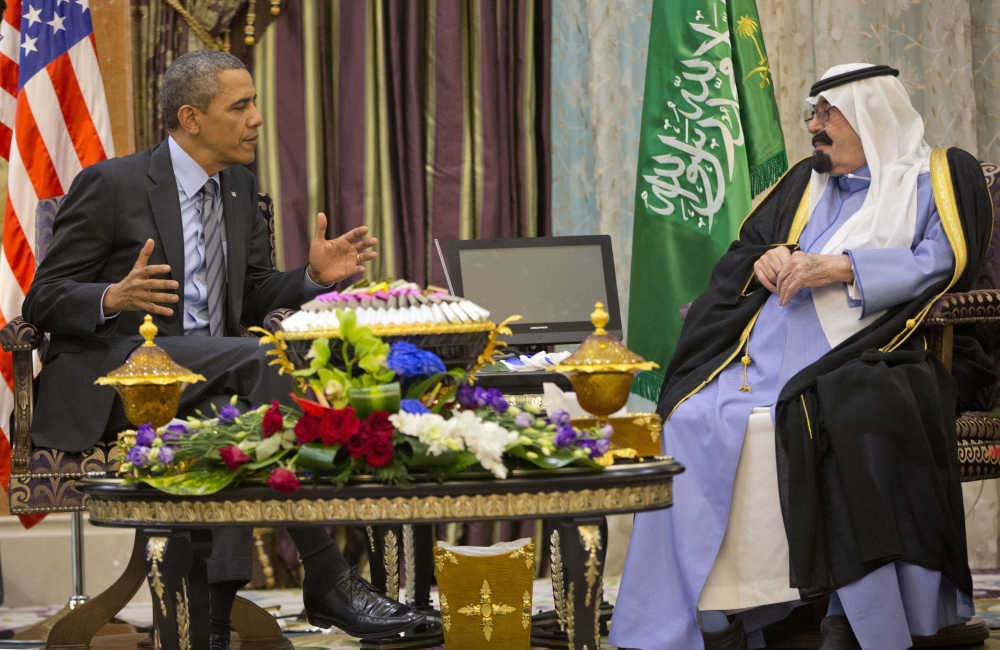 President Barack Obama meets with Saudi King Abdullah at Rawdat Khuraim, an oasis 62 miles northwest of Riyadh where the king’s private desert encampment is located.
