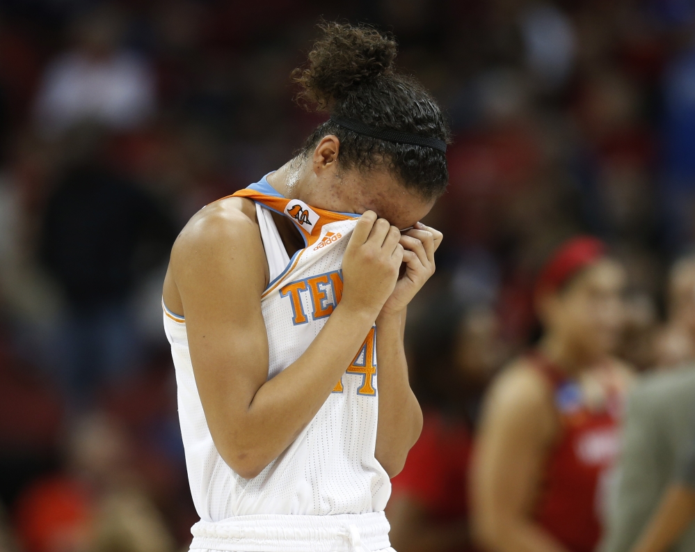 Tennessee guard Andraya Carter leaves the court after losing 73-62 to Maryland in a regional semifinal game at the NCAA women’s basketball tournament in Louisville, Ky.