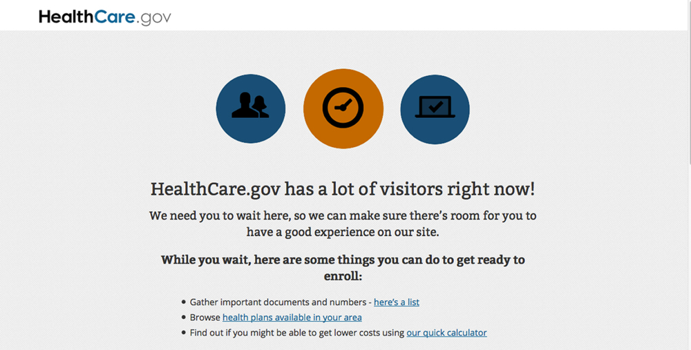 This screen grab taken from the Health Care Marketplace website shows a message asking new visitors to stay on during the login process of the Health Care Marketplace website on Monday. Technical problems were preventing last-minute users from signing up on the government’s health insurance website Monday.