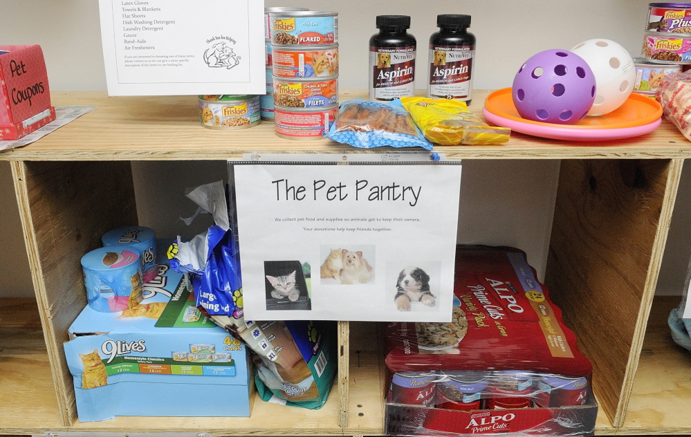 PET PANTRY: Some of the donated items for the Amy Buxton Pet Pantry are on display in the lobby of South Parish Congregational Church in Augusta.