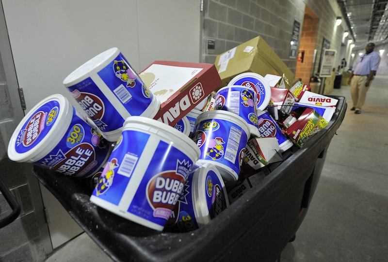 Gum-chewing has a little more acceptance on professional baseball fields, as evidenced by this garbage bin of discarded containers at Yankee Stadium in 2010.