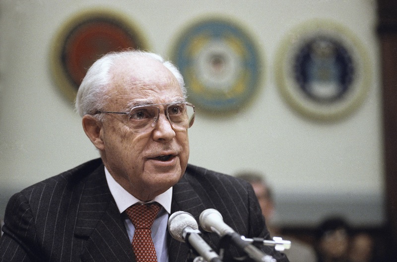 In this Dec. 11, 1991, file photo, Robert Strauss, U.S. Ambassador to the Soviet Union testifies on Capitol Hill in Washington, before the House Armed Service Committee. Strauss, a former chairman of the Democratic Party and an ambassador to the Soviet Union, has died. Strauss' law firm confirmed his death Wednesday, March 19, 2014, at age 95. Away;Close-Up;Communication;crisis;Looking;Microphone;Speech