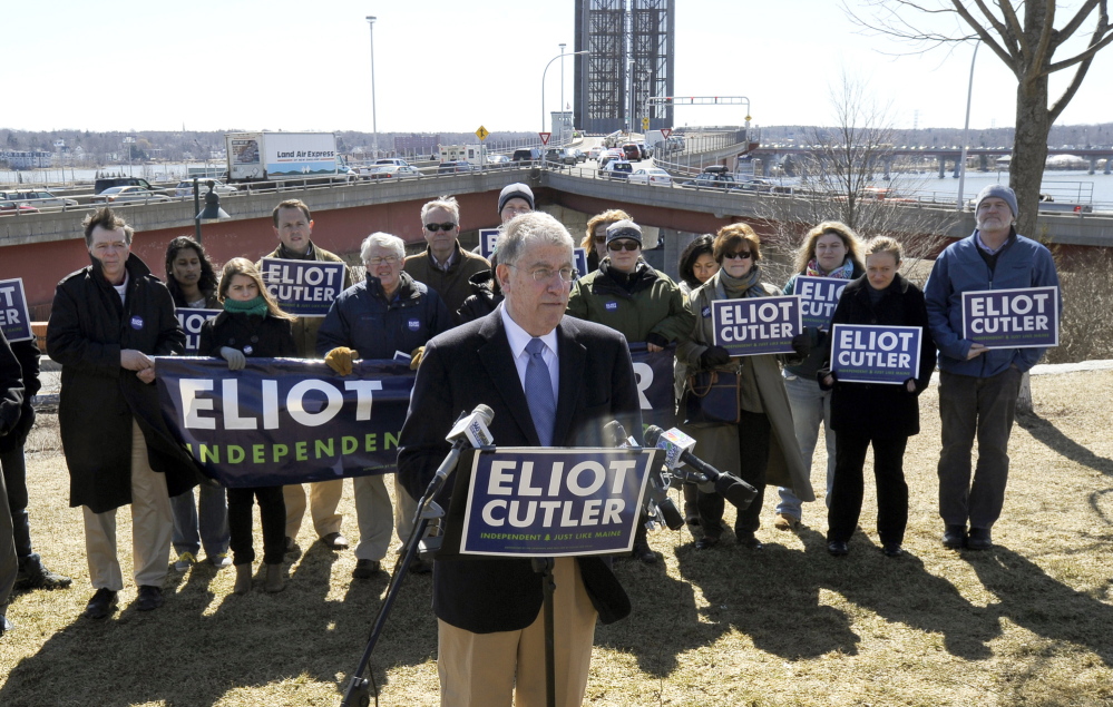 Independent candidate for governor Eliot Cutler speaks during a news conference at Harbor View Memorial Park in Portland.