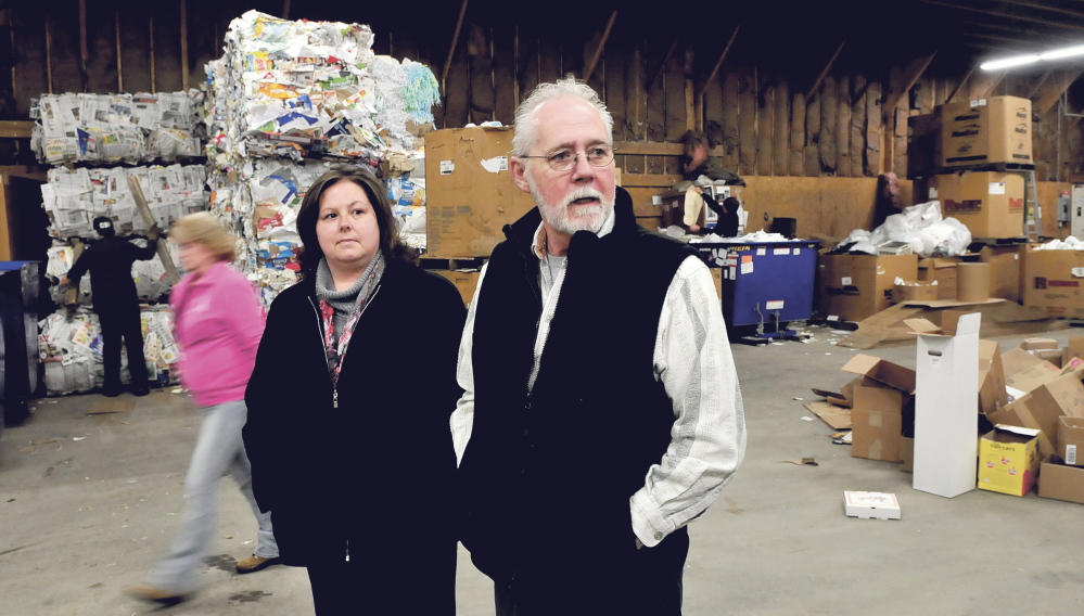 RECYCLE BONUS: Randy Gray, director of Skowhegan Recycling Center, speaks Thursday about new materials coming from the town of Cornvilley. At left is Cynthia Kirk, administrative assistant for the solid waste department.