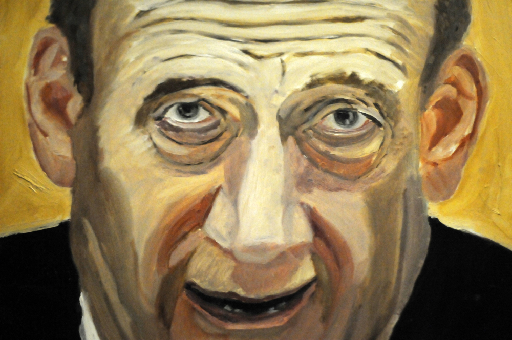 A detail of a portrait of former Israeli Prime Minister Ehud Olmert. It is part of the exhibit “The Art of Leadership: A President’s Diplomacy.”