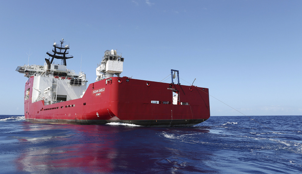 The Australian Defense vessel Ocean Shield tows a pinger locator in the search for the missing flight data recorder and cockpit voice recorder of Malaysia Airlines Flight MH370 in the southern Indian Ocean.