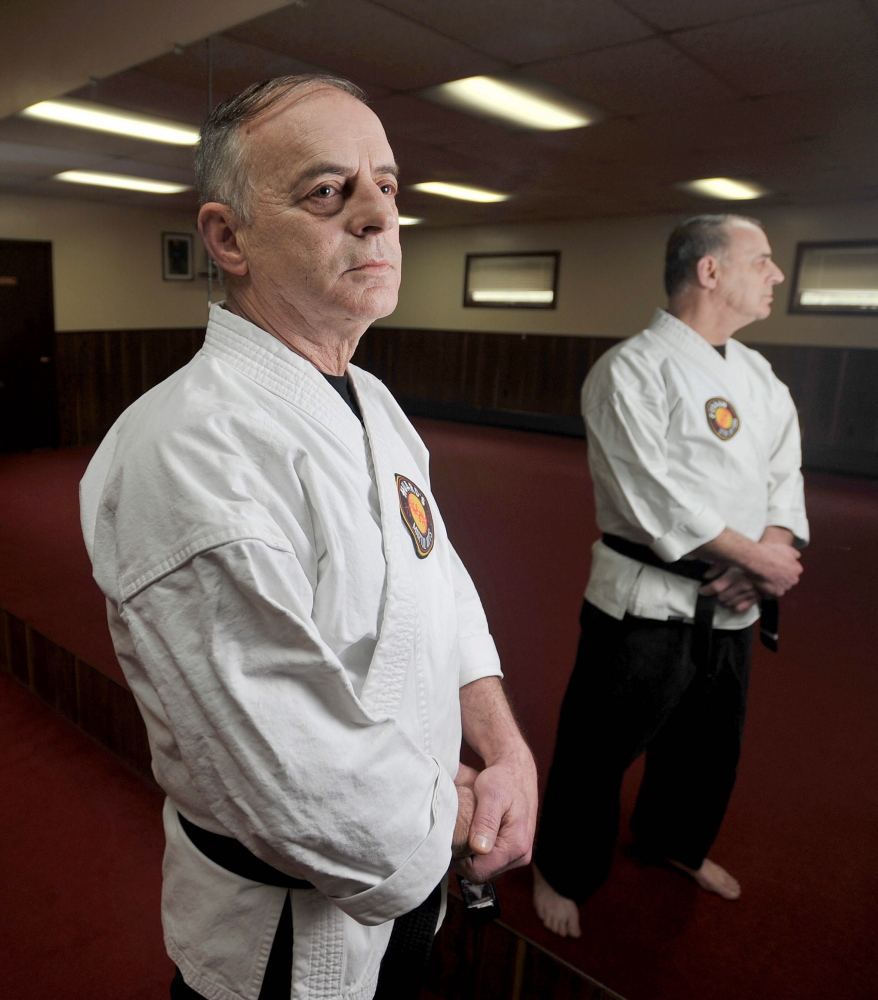 Staff photo by Michael G. Seamans Ron Raymond, 65, trains at Huard's Jujitsu and Karate Gym in Winslow on Saturday.