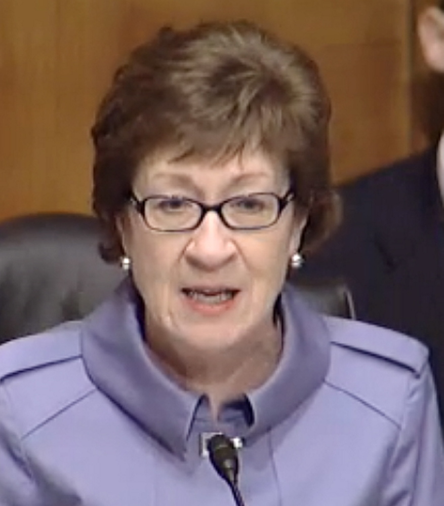 Sen. Susan Collins, R-Maine, speaks during a Congressional hearing Wednesday.