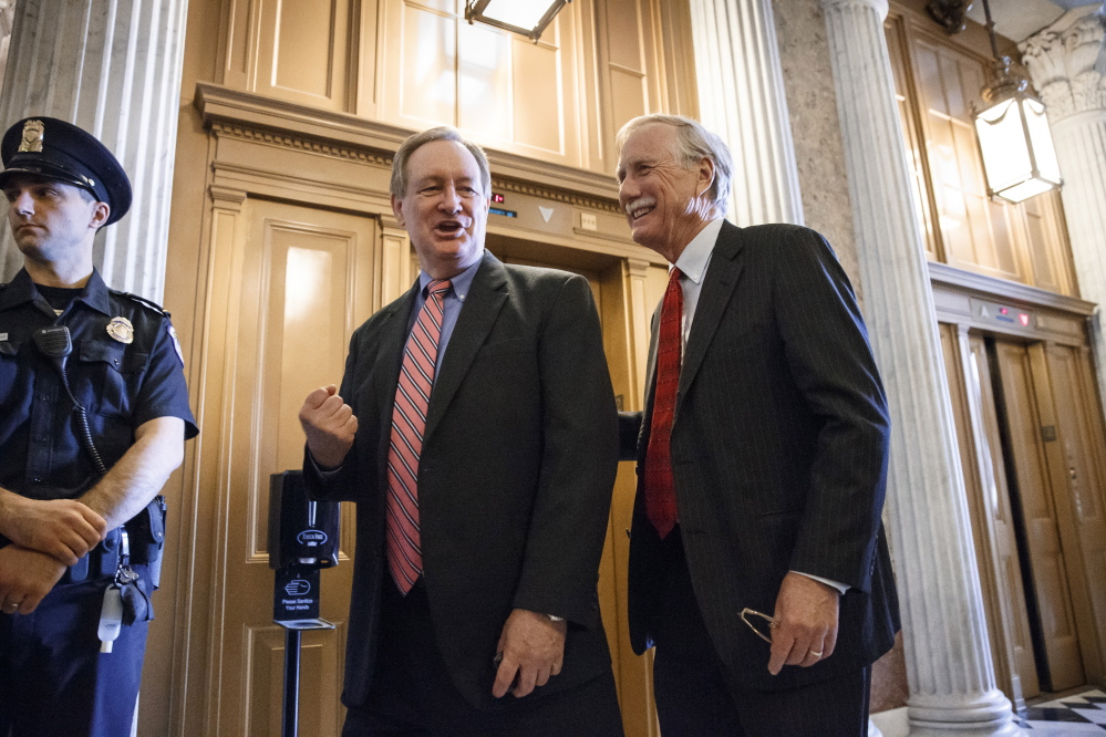 Sens. Mike Crapo, R-Idaho, left, and Angus King, a Maine independent, arrive on Capitol Hill recently. If the Senate is closely divided by party after the elections, King could be in a position to demand a powerful committee seat.